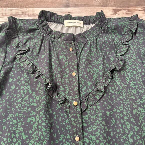 Goodnight Macaroon Green Animal Print Ruffle Drop Waist Long Sleeve Dress L - Picture 3 of 4